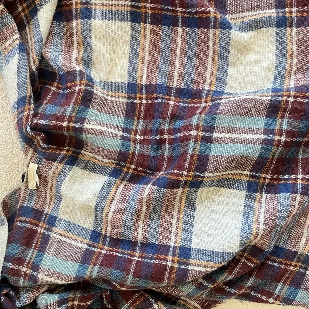 Francesca's Plaid Open Front Poncho Wrap Blue Burgundy Fringe boho  One Size OS